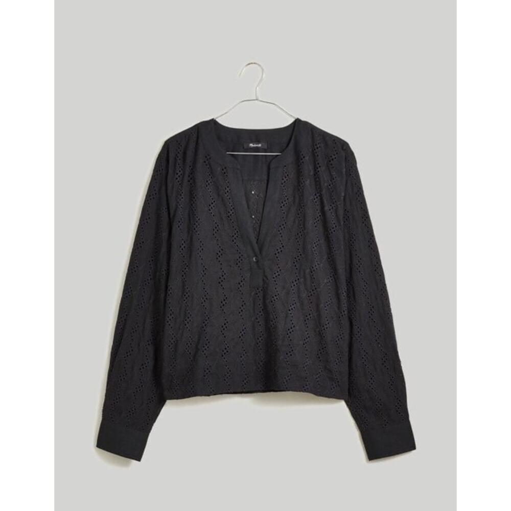 Madewell Black Eyelet Long Sleeve Popover Blouse Women’s XXS Boho Cotton Top